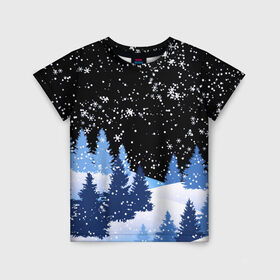 Детская футболка 3D с принтом Снежная ночь в зимнем лесу в Новосибирске, 100% гипоаллергенный полиэфир | прямой крой, круглый вырез горловины, длина до линии бедер, чуть спущенное плечо, ткань немного тянется | christmas | christmas tree | happy new year | merry christmas | new year | snow | snowflakes | tree | белый снег | декабрь | ёлка | елки | зима | зима близко | зимний орнамент | зимний узор | лес | моро | новый год | пейзаж | подарок | природа