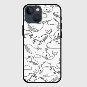 Чехол для iPhone 13 mini с принтом Небесные киты (ЧБ) в Новосибирске,  |  | whale | детское | киты | летающие киты | небо | облака