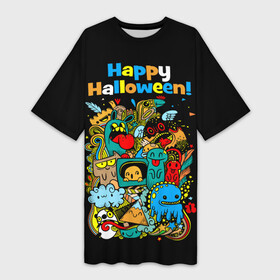 Платье-футболка 3D с принтом Монстры празднуют Хеллоуин в Новосибирске,  |  | funny | happy halloween | having fun | holiday | monsters | playing pranks | scary | веселятся | монстры | праздник | смешные | страшные | хэллоуин | чудовища | шалят