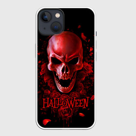 Чехол для iPhone 13 с принтом Красный череп в кровавых розах в Новосибирске,  |  | bloody | drops | fangs | happy halloween | look from hell | red | roses | skull | vampire | вампир | взгляд из ада | капли | клыки | красный | кровавые | праздник | розы | хэллоуин | череп