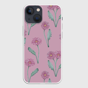 Чехол для iPhone 13 mini с принтом Розовые герберы на розовом фоне в Новосибирске,  |  | botanical illustration | flowers | gerberas | green | nature | pink | plants | print | spring | summer