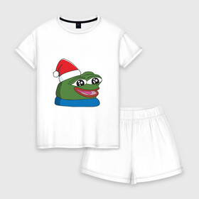 Женская пижама с шортиками хлопок с принтом Pepe, pepe happy, Пепе хеппи, pepe happy new year в Новосибирске, 100% хлопок | футболка прямого кроя, шорты свободные с широкой мягкой резинкой | frog pepe | happy | happy new year | mem | meme | peepo | pepe | pepe happy | pepe happy new year | лягушка пепе | лягушонок | лягушонок пепе | пепе хеппи | хеппи