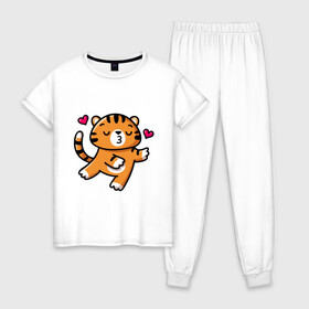 Женская пижама хлопок с принтом влюбленный тигр в Новосибирске, 100% хлопок | брюки и футболка прямого кроя, без карманов, на брюках мягкая резинка на поясе и по низу штанин | 2022 | год тигра | новый год | новый год 2022 | символ года | тигр | тигренок | тигрица | тигры