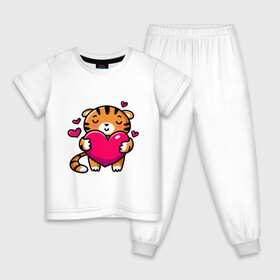 Детская пижама хлопок с принтом Милый тигренок с сердечком в Новосибирске, 100% хлопок |  брюки и футболка прямого кроя, без карманов, на брюках мягкая резинка на поясе и по низу штанин
 | Тематика изображения на принте: 2022 | год тигра | новый год | новый год 2022 | символ года | тигр | тигренок | тигрица | тигры