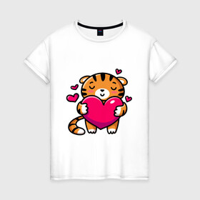 Женская футболка хлопок с принтом Милый тигренок с сердечком в Новосибирске, 100% хлопок | прямой крой, круглый вырез горловины, длина до линии бедер, слегка спущенное плечо | Тематика изображения на принте: 2022 | год тигра | новый год | новый год 2022 | символ года | тигр | тигренок | тигрица | тигры