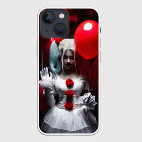 Чехол для iPhone 13 mini с принтом Плохая девочка с красными шарами в Новосибирске,  |  | bad girl | balloons | blonde | clown | girl | halloween | happy halloween | holiday | red | white dress | witch | белое платье | блондинка | ведьма | воздушные шары | девушка | клоун | красные | праздник | хэллоуин