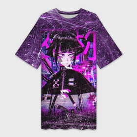 Платье-футболка 3D с принтом Cyberpunk Samurai Anime в Новосибирске,  |  | 2077 | anime | cyberpunk | girl | grunge | japan | neon | pink | аниме | анимэ | гранж | девочка | девушка | игра | иероглифы | киберпанк | мульт | неон | неоновый | офф вайт | полосы | потертости | самурай | символ | тян | узоры | я