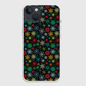 Чехол для iPhone 13 с принтом Разноцветные Снежинки в Новосибирске,  |  | merry christmas | дед мороз | ёлка | зима | мороз | новый год | подарок | праздник | рождество | с новым годом | сантаклаус | снег | снеговик | снегурочка | снежинки | снежные узоры | узоры