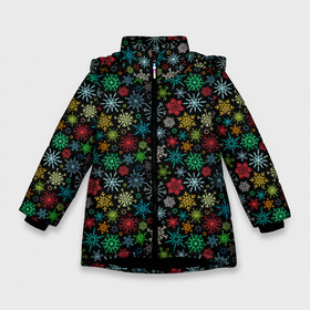 Зимняя куртка для девочек 3D с принтом Разноцветные Снежинки в Новосибирске, ткань верха — 100% полиэстер; подклад — 100% полиэстер, утеплитель — 100% полиэстер. | длина ниже бедра, удлиненная спинка, воротник стойка и отстегивающийся капюшон. Есть боковые карманы с листочкой на кнопках, утяжки по низу изделия и внутренний карман на молнии. 

Предусмотрены светоотражающий принт на спинке, радужный светоотражающий элемент на пуллере молнии и на резинке для утяжки. | merry christmas | дед мороз | ёлка | зима | мороз | новый год | подарок | праздник | рождество | с новым годом | сантаклаус | снег | снеговик | снегурочка | снежинки | снежные узоры | узоры
