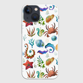 Чехол для iPhone 13 mini с принтом Морской паттерн с крабами и водорослями в Новосибирске,  |  | водоросли | краб | море | морской | подводный | рыба
