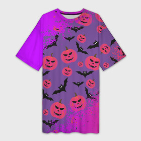 Платье-футболка 3D с принтом HALLOWEEN NEON в Новосибирске,  |  | Тематика изображения на принте: bat | gourd | halloween | haloween | melon | neon | pumpkin | squash | неон | тыква | хеллоин | хеллоуин | хелоин | хэллоуин