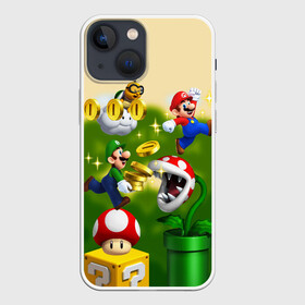 Чехол для iPhone 13 mini с принтом Mario Coins в Новосибирске,  |  | bowser | coin | koopa | luigi | mario | mashrum | nintendo | power up | video game | боузер | видео игра | гриб | деньги | игра | купа | луиджи | марио | монеты | нинтендо