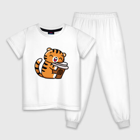 Детская пижама хлопок с принтом Тигренок и кофе в Новосибирске, 100% хлопок |  брюки и футболка прямого кроя, без карманов, на брюках мягкая резинка на поясе и по низу штанин
 | 2022 | год тигра | новый год | новый год 2022 | символ года | тигр | тигренок | тигрица | тигры