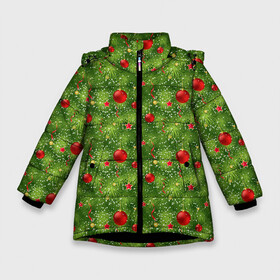 Зимняя куртка для девочек 3D с принтом Зелёная Ёлка в Новосибирске, ткань верха — 100% полиэстер; подклад — 100% полиэстер, утеплитель — 100% полиэстер. | длина ниже бедра, удлиненная спинка, воротник стойка и отстегивающийся капюшон. Есть боковые карманы с листочкой на кнопках, утяжки по низу изделия и внутренний карман на молнии. 

Предусмотрены светоотражающий принт на спинке, радужный светоотражающий элемент на пуллере молнии и на резинке для утяжки. | christmas | merry christmas | santa claus | дед мороз | ёлка | елочные шары | игрушки | новый год | подарки | праздник | с новым годом | санта клаус | снегурочка | украшения