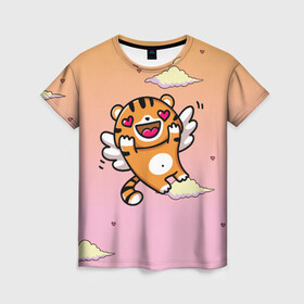 Женская футболка 3D с принтом милый влюбленный тигренок в Новосибирске, 100% полиэфир ( синтетическое хлопкоподобное полотно) | прямой крой, круглый вырез горловины, длина до линии бедер | 2022 | год тигра | новый год | новый год 2022 | символ года | тигр | тигренок | тигрица | тигры