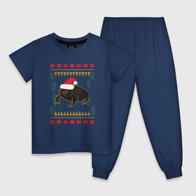 Детская пижама хлопок с принтом Рождественский свитер Жаба в Новосибирске, 100% хлопок |  брюки и футболка прямого кроя, без карманов, на брюках мягкая резинка на поясе и по низу штанин
 | christmas | ugly sweater | африканская лягушка | дождевая лягушка | жаба | зима | зимний | лягушка | новый год | рождественский свитер | рождество | уродливый свитер | черная лягушка