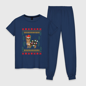 Женская пижама хлопок с принтом Рождественский свитер Йоркшик в Новосибирске, 100% хлопок | брюки и футболка прямого кроя, без карманов, на брюках мягкая резинка на поясе и по низу штанин | christmas | ugly sweater | вечеринка | йорк | йоркширский терьер | новый год | праздники | рождественский свитер | рождество | собака | собачка | уродливый свитер