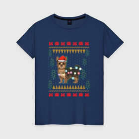 Женская футболка хлопок с принтом Рождественский свитер Йоркшик в Новосибирске, 100% хлопок | прямой крой, круглый вырез горловины, длина до линии бедер, слегка спущенное плечо | christmas | ugly sweater | вечеринка | йорк | йоркширский терьер | новый год | праздники | рождественский свитер | рождество | собака | собачка | уродливый свитер