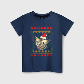 Детская футболка хлопок с принтом Рождественский свитер кашляющий кот в Новосибирске, 100% хлопок | круглый вырез горловины, полуприлегающий силуэт, длина до линии бедер | christmas | coughing cat | ugly sweater | вечеринка | кашляющий кот | кот мем | котик | новогодние праздники | новый год | рождественский свитер | рождество | уродливый свитер