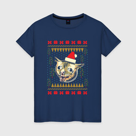 Женская футболка хлопок с принтом Рождественский свитер кашляющий кот в Новосибирске, 100% хлопок | прямой крой, круглый вырез горловины, длина до линии бедер, слегка спущенное плечо | christmas | coughing cat | ugly sweater | вечеринка | кашляющий кот | кот мем | котик | новогодние праздники | новый год | рождественский свитер | рождество | уродливый свитер