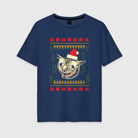 Женская футболка хлопок Oversize с принтом Рождественский свитер кашляющий кот в Новосибирске, 100% хлопок | свободный крой, круглый ворот, спущенный рукав, длина до линии бедер
 | christmas | coughing cat | ugly sweater | вечеринка | кашляющий кот | кот мем | котик | новогодние праздники | новый год | рождественский свитер | рождество | уродливый свитер