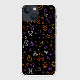 Чехол для iPhone 13 mini с принтом ХЕЛЛОУИН ПАТТЕРН НЕОН   HALLOWEEN NEON в Новосибирске,  |  | bats | bones | ghost | halloween | pumpkin | skull | кости | летучие мыши | приведение | призрак | скелет | тыква | хеллоуин | хоррор | хэллоуин