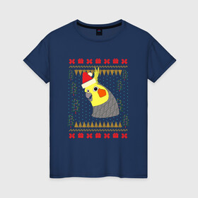 Женская футболка хлопок с принтом Рождественский свитер Корелла в Новосибирске, 100% хлопок | прямой крой, круглый вырез горловины, длина до линии бедер, слегка спущенное плечо | christmas | cockatiel | parrot | ugly sweater | корелла | новогодние праздники | новый год | попугай | птица | рождественский свитер | рождество | уродливый свитер