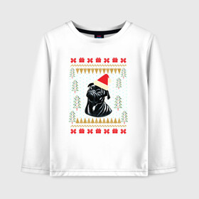 Детский лонгслив хлопок с принтом Рождественский свитер Черный мопс в Новосибирске, 100% хлопок | круглый вырез горловины, полуприлегающий силуэт, длина до линии бедер | christmas | ugly sweater | вечеринка | мопс | новогодние праздники | новый год | рождественский свитер | рождество | собака | собачка | уродливый свитер | черный мопс