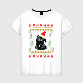 Женская футболка хлопок с принтом Рождественский свитер Черный мопс в Новосибирске, 100% хлопок | прямой крой, круглый вырез горловины, длина до линии бедер, слегка спущенное плечо | Тематика изображения на принте: christmas | ugly sweater | вечеринка | мопс | новогодние праздники | новый год | рождественский свитер | рождество | собака | собачка | уродливый свитер | черный мопс