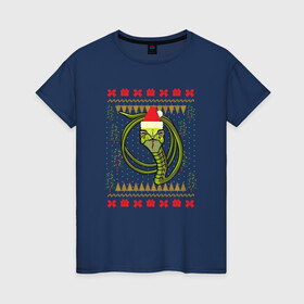 Женская футболка хлопок с принтом Рождественский свитер Скептическая змея в Новосибирске, 100% хлопок | прямой крой, круглый вырез горловины, длина до линии бедер, слегка спущенное плечо | christmas | ugly sweater | вечеринка | змеи | мемы | новогодние праздники | новый год | прикольная змея | рождественский свитер | рождество | уродливый свитер