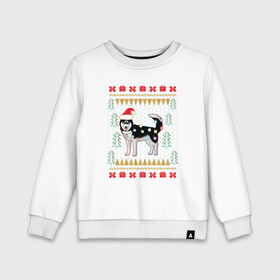 Детский свитшот хлопок с принтом Рождественский свитер Хаски в Новосибирске, 100% хлопок | круглый вырез горловины, эластичные манжеты, пояс и воротник | christmas | ugly sweater | вечеринка | новогодние праздники | новый год | рождественский свитер | рождество | сибирский хаски | собака | собачка | уродливый свитер | хаски