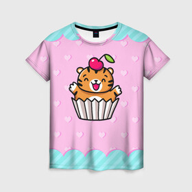 Женская футболка 3D с принтом Тигренок пирожное в Новосибирске, 100% полиэфир ( синтетическое хлопкоподобное полотно) | прямой крой, круглый вырез горловины, длина до линии бедер | 2022 | год тигра | новый год | новый год 2022 | символ года | тигр | тигренок | тигрица | тигры