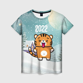 Женская футболка 3D с принтом Новогодний тигренок 2022 в Новосибирске, 100% полиэфир ( синтетическое хлопкоподобное полотно) | прямой крой, круглый вырез горловины, длина до линии бедер | 2022 | год тигра | новый год | новый год 2022 | символ года | тигр | тигренок | тигрица | тигры