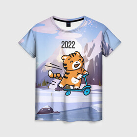 Женская футболка 3D с принтом Тигренок  на  самокате в Новосибирске, 100% полиэфир ( синтетическое хлопкоподобное полотно) | прямой крой, круглый вырез горловины, длина до линии бедер | 2022 | год тигра | новый год | новый год 2022 | символ года | тигр | тигренок | тигрица | тигры