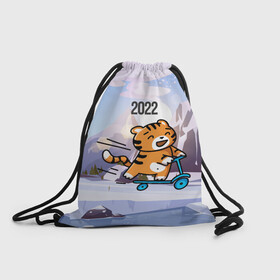 Рюкзак-мешок 3D с принтом Тигренок  на  самокате в Новосибирске, 100% полиэстер | плотность ткани — 200 г/м2, размер — 35 х 45 см; лямки — толстые шнурки, застежка на шнуровке, без карманов и подкладки | 2022 | год тигра | новый год | новый год 2022 | символ года | тигр | тигренок | тигрица | тигры