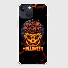 Чехол для iPhone 13 mini с принтом ТЫКВА С ЧЕРЕПАМИ в Новосибирске,  |  | halloween | haloween | pumpkin | pumpkin with skulls | skulls in a pumpkin | тыква | тыква с черепами | хеллоин | хеллоуин | хелоин | хелоуин | хэллоин | хэллоуин | хэлоин | хэлоуин | черепа в тыкве