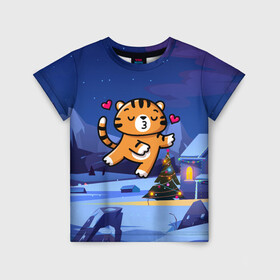 Детская футболка 3D с принтом Влюбленный тигренок с сердечками в Новосибирске, 100% гипоаллергенный полиэфир | прямой крой, круглый вырез горловины, длина до линии бедер, чуть спущенное плечо, ткань немного тянется | 2022 | год тигра | новый год | новый год 2022 | символ года | тигр | тигренок | тигрица | тигры