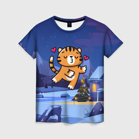 Женская футболка 3D с принтом Влюбленный тигренок с сердечками в Новосибирске, 100% полиэфир ( синтетическое хлопкоподобное полотно) | прямой крой, круглый вырез горловины, длина до линии бедер | 2022 | год тигра | новый год | новый год 2022 | символ года | тигр | тигренок | тигрица | тигры
