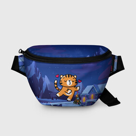 Поясная сумка 3D с принтом Влюбленный тигренок с сердечками в Новосибирске, 100% полиэстер | плотная ткань, ремень с регулируемой длиной, внутри несколько карманов для мелочей, основное отделение и карман с обратной стороны сумки застегиваются на молнию | 2022 | год тигра | новый год | новый год 2022 | символ года | тигр | тигренок | тигрица | тигры