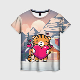 Женская футболка 3D с принтом Тигренок   любовь в Новосибирске, 100% полиэфир ( синтетическое хлопкоподобное полотно) | прямой крой, круглый вырез горловины, длина до линии бедер | 2022 | год тигра | новый год | новый год 2022 | символ года | тигр | тигренок | тигрица | тигры