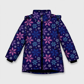 Зимняя куртка для девочек 3D с принтом Ночные Снежинки в Новосибирске, ткань верха — 100% полиэстер; подклад — 100% полиэстер, утеплитель — 100% полиэстер. | длина ниже бедра, удлиненная спинка, воротник стойка и отстегивающийся капюшон. Есть боковые карманы с листочкой на кнопках, утяжки по низу изделия и внутренний карман на молнии. 

Предусмотрены светоотражающий принт на спинке, радужный светоотражающий элемент на пуллере молнии и на резинке для утяжки. | merry christmas | дед мороз | ёлка | зима | мороз | новый год | подарок | праздник | рождество | с новым годом | сантаклаус | снег | снеговик | снегурочка | снежинки | снежные узоры | узоры