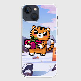 Чехол для iPhone 13 mini с принтом Новогодний тигренок с подарком в Новосибирске,  |  | Тематика изображения на принте: 2022 | год тигра | новый год | новый год 2022 | символ года | тигр | тигренок | тигрица | тигры