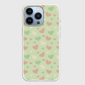 Чехол для iPhone 13 Pro с принтом Сердечки на светло зеленом фоне в Новосибирске,  |  | hearts | love | valentines day | белый | день влюбленных | зеленый | красный | любовь | сердечки | сердце