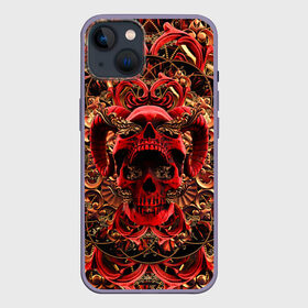 Чехол для iPhone 13 с принтом Череп красного демона в Новосибирске,  |  | gold | halloween | happy halloween | holiday | horns of satan | ornament | patterns | red skull | золото | красный череп | орнамент | праздник | рога сатаны | узоры | хэллоуин