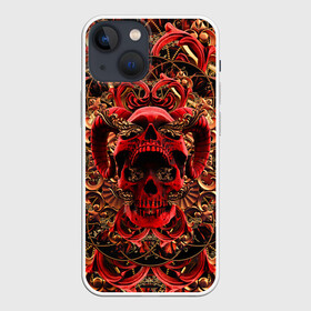 Чехол для iPhone 13 mini с принтом Череп красного демона в Новосибирске,  |  | gold | halloween | happy halloween | holiday | horns of satan | ornament | patterns | red skull | золото | красный череп | орнамент | праздник | рога сатаны | узоры | хэллоуин