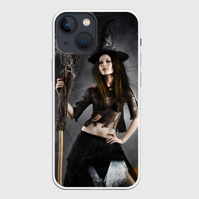 Чехол для iPhone 13 mini с принтом Милая ведьма с метлой в Новосибирске,  |  | beautiful girl | black witch | broom and pumpkin | brunette | charming witch | cute | cute look | halloween | happy halloween | holiday | mous | брюнетка | красивая девушка | метла и тыква | милая | милый взгляд | мышь | очаровательная колд