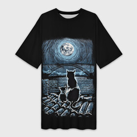 Платье-футболка 3D с принтом КОТЫ НА КРЫШЕ в Новосибирске,  |  | cat | moon | night | животные | звезды | звери | кот | котенок | коты | кошка | красиво | крыша | луна | мама | небо | ночь | тьма