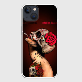 Чехол для iPhone 13 с принтом Ведьма с красной розой в Новосибирске,  |  | Тематика изображения на принте: body art | cigarette | day of the dead | halloween | happy halloween | holiday | nude witch | profile | red rose | skull | tattoo | боди арт | день мертвых | красная роза | обнаженная ведьма | праздник | профиль | тату | хэллоуин