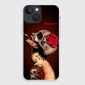 Чехол для iPhone 13 mini с принтом Ведьма с красной розой в Новосибирске,  |  | Тематика изображения на принте: body art | cigarette | day of the dead | halloween | happy halloween | holiday | nude witch | profile | red rose | skull | tattoo | боди арт | день мертвых | красная роза | обнаженная ведьма | праздник | профиль | тату | хэллоуин