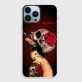 Чехол для iPhone 13 Pro Max с принтом Ведьма с красной розой в Новосибирске,  |  | body art | cigarette | day of the dead | halloween | happy halloween | holiday | nude witch | profile | red rose | skull | tattoo | боди арт | день мертвых | красная роза | обнаженная ведьма | праздник | профиль | тату | хэллоуин